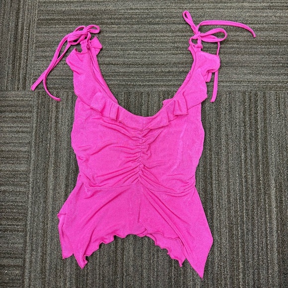 SHEIN Tops - SHEIN Bright Pink Ruffled Camisole Ruched Tie Shoulder